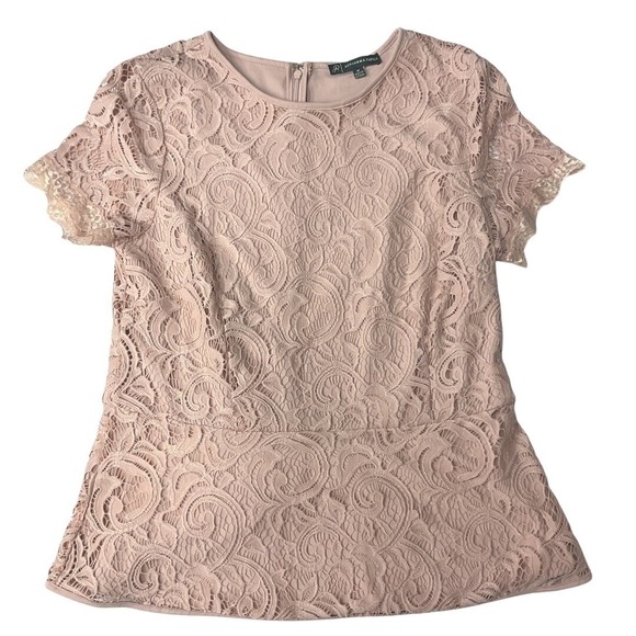 Adrianna Papell Women's Latte Lace Overlay Peplum Blouse Top Size M Beige - Picture 7 of 12